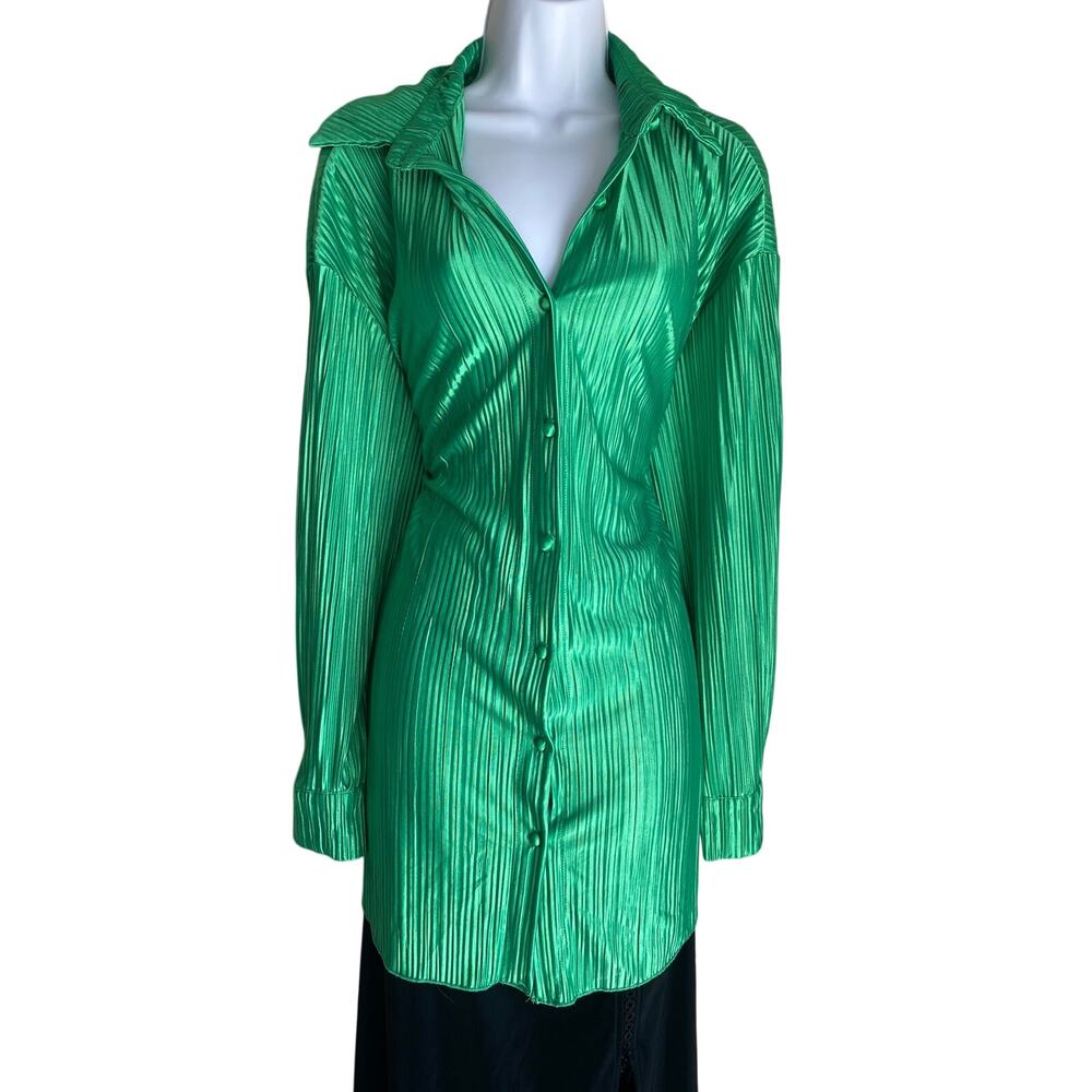 70s VTG Plus 3X Green Boho Satin Tunic Button Up Blouse Disco Mob Wife Old Money
